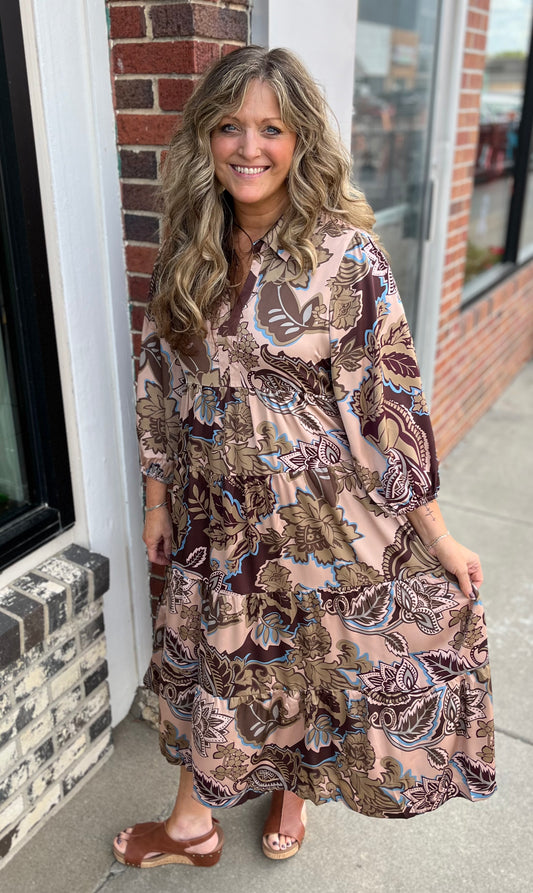 Brown Paisley Mix Midi Dress