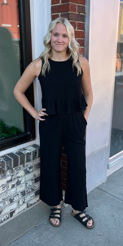 Black Crop Top Wide Leg Pant Set