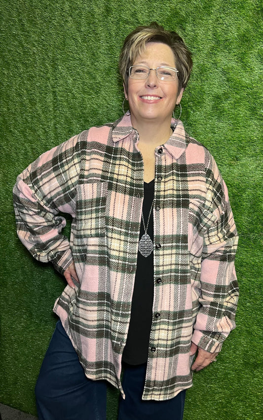 Pink/Green Plaid Shacket - Plus Size