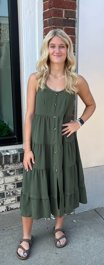 Sleeveless Button-Down Tiered Dress