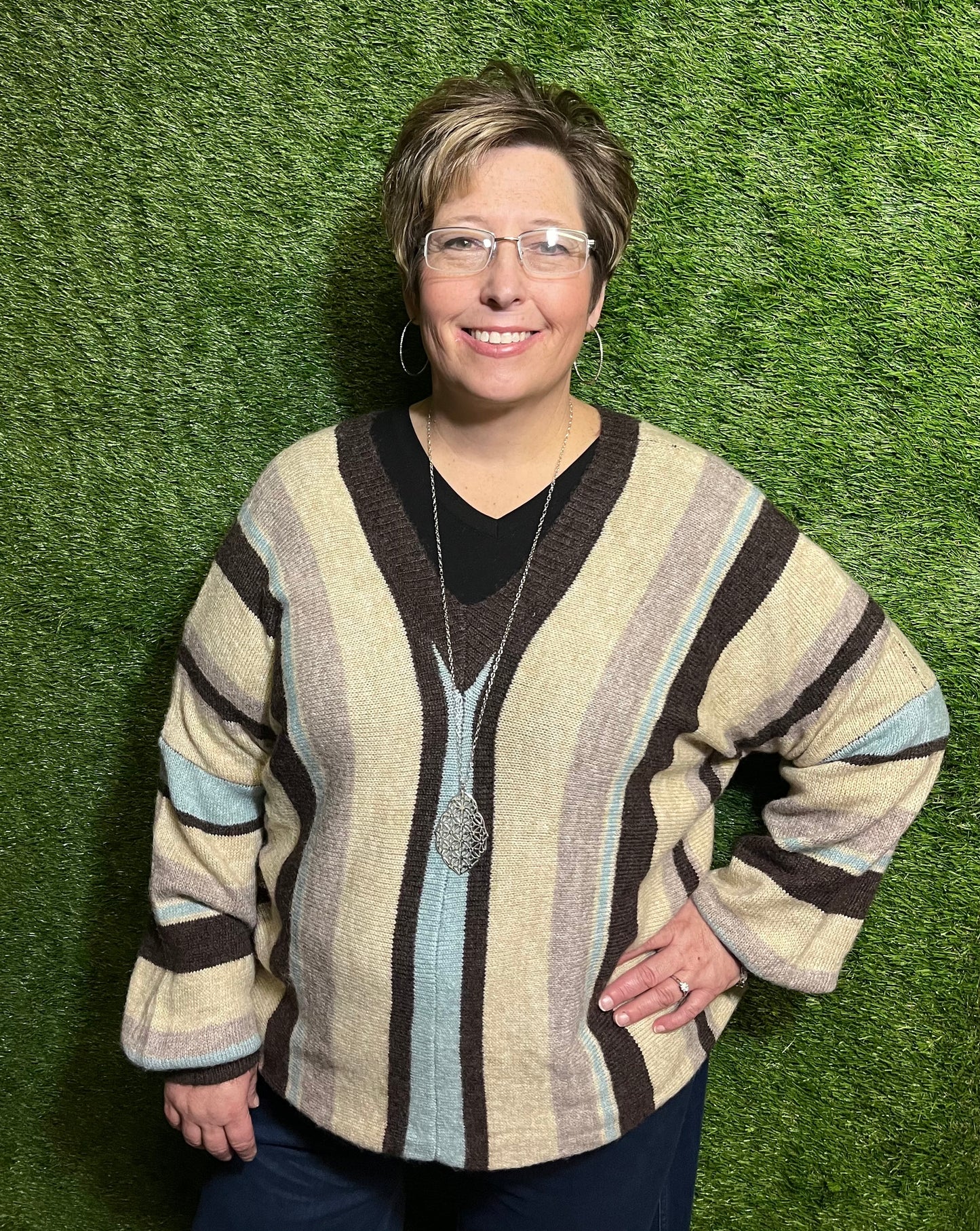 Striped V-Neck Sweater - Plus Size