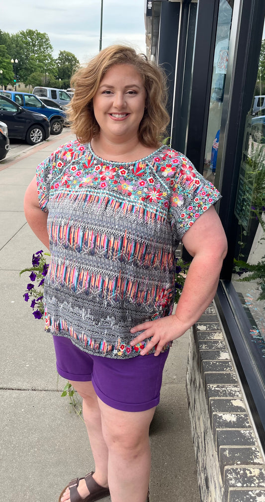 Floral Geometric Print Top - Plus Size