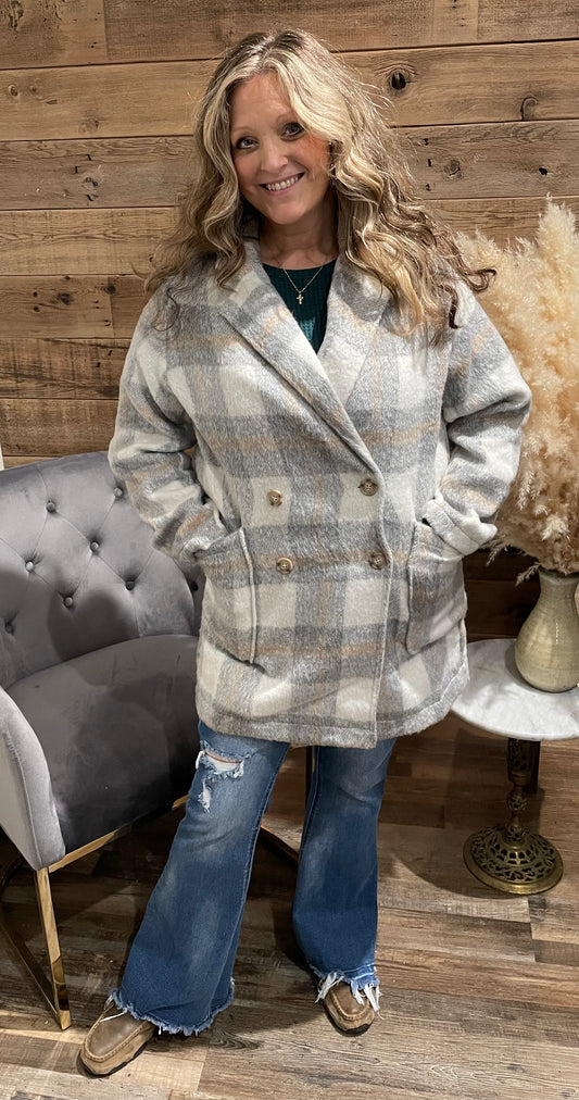 Grey Plaid Double Breasted Plaid Coat